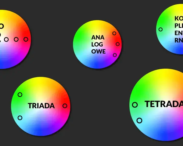 Pięć kół z barwnymi gradientami, ilustrujących różne schematy kolorów: monochromatyczne, analogowe, dopełniające, triady i tetrady. To wizualna paleta RGB.