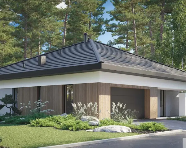 Nowoczesny dom z garażem, otoczony sosnami. Projekt homekoncept 97 g2 to marzenie o spokoju i komforcie.