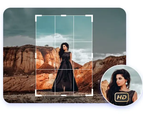 Une femme en robe noire pose dans un paysage désertique, prête à recadrer l'image pour un rendu parfait.