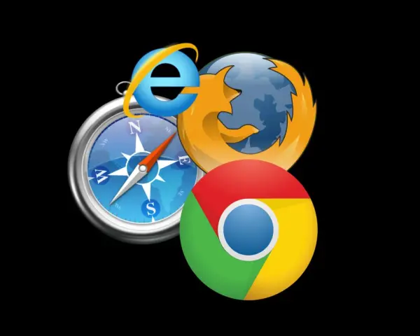 Ikony przeglądarek Chrome, Firefox i Internet Explorer na tle kompasu.