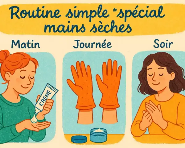 Routine simple pour les mains sèches : matin, journée avec gants et soir.