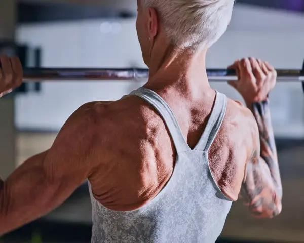 Stark ryggmuskulatur hos en kvinna som lyfter skivstång. Hon har tatuerade armar och en träningsklocka. För att bygga muskler är det viktigt med tillräckligt med gram protein per kg kroppsvikt.