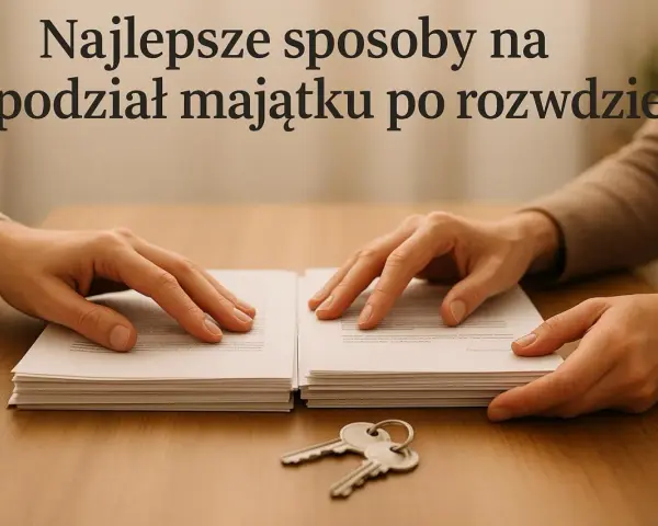Dwie pary rąk nad stertami dokumentów i kluczykami. Temat: podział majątku po rozwodzie.