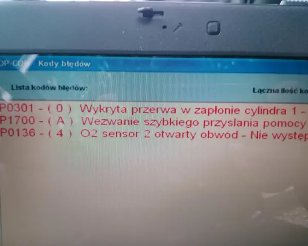 Lista kodów błędów Opel Meriva B: P0301 (przerwa w zapłonie), P1700 (wezwanie pomocy), P0136 (O2 sensor 2 otwarty obwód).