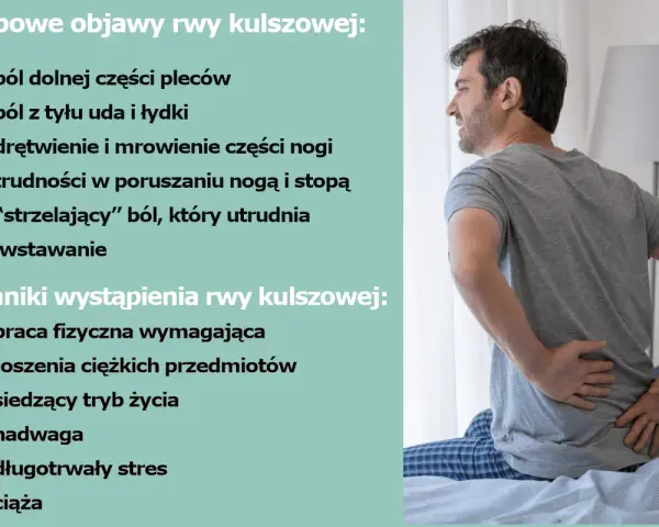 Mężczyzna z bólem w dolnej części pleców, który może być objawem rwy kulszowej.