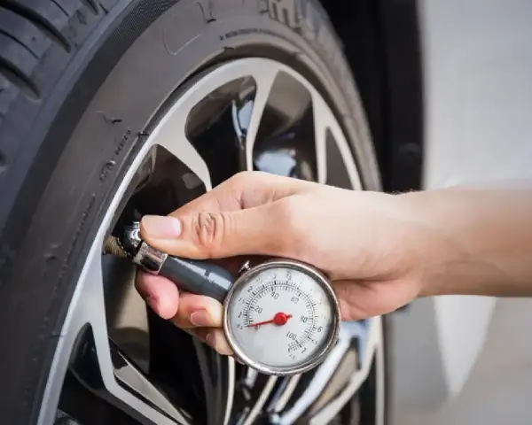 Controllo della pressione gomme 185/65 r15 con manometro. La mano tiene lo strumento attaccato alla valvola.