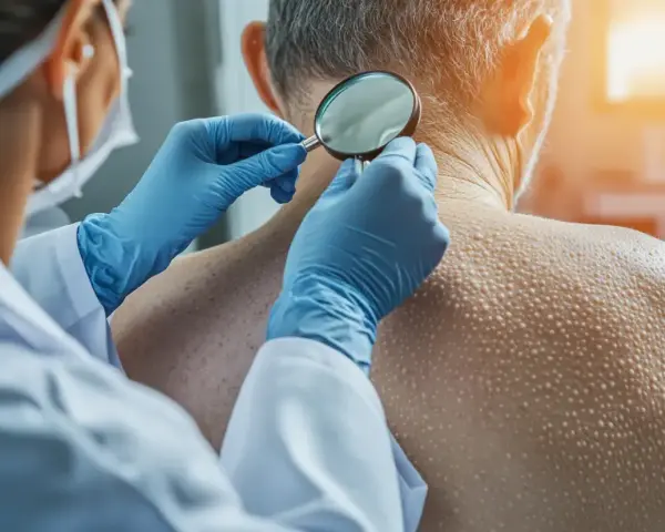 Dermatolog w rękawiczkach bada powiększoną lupą skórę szyi pacjenta z licznymi włókniakami.
