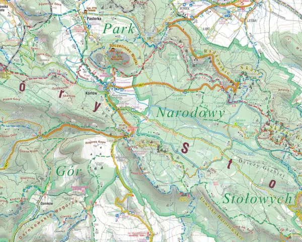 Mapa atrakcji Gór Stołowych: szlaki piesze, punkty widokowe, schroniska i zabytki.