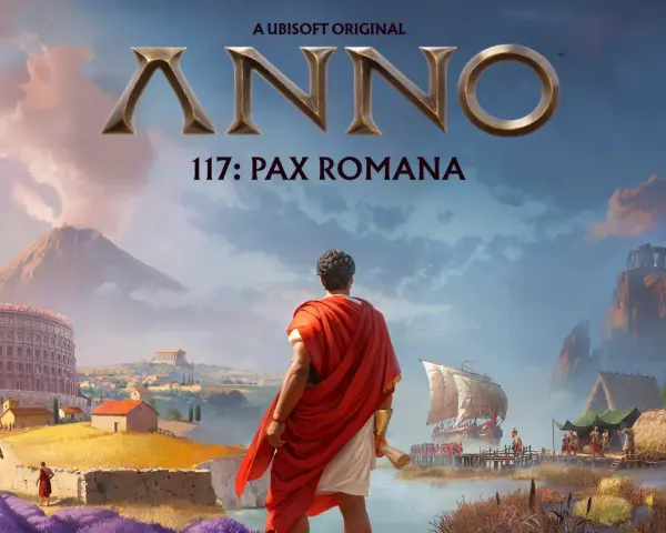 Un hombre con toga mira un paisaje que evoca el anno 117 pax romana, con un coliseo, un volcán y un asentamiento costero.