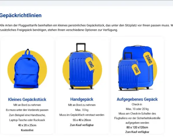 Ryanair: bagaż rejestrowany 10 kg lub 20 kg do odprawy. Dostępne są też bagaże podręczne i małe torebki.