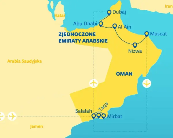 Mapa pokazuje, gdzie jest Oman, sąsiadujący ze Zjednoczonymi Emiratami Arabskimi, Arabią Saudyjską i Jemenem.