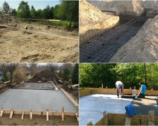 Budowa fundamentów na gruntach słabonośnych: wykop, zbrojenie, betonowanie i izolacja.