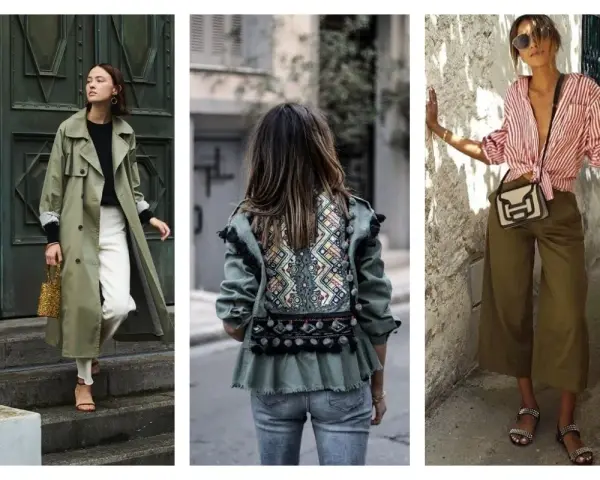 Trois looks stylés : trench kaki avec pantalon blanc, veste kaki brodée, et pantalon kaki avec chemise rayée. Quelle couleur avec le kaki ? Le blanc, le rouge, et les motifs ethniques !