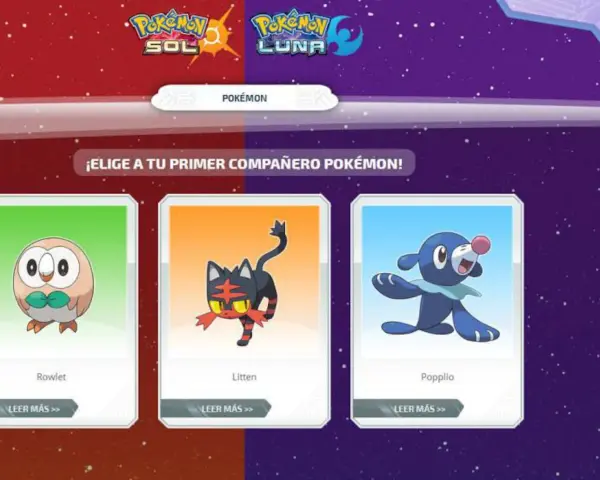Elige a tu compañero Pokémon inicial: Rowlet, Litten o Popplio, en Pokémon Sol y Luna.