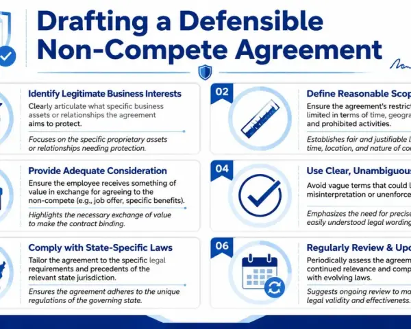 Infographic on drafting a defensible non-compete agreement, detailing 6 key steps: identify interests, define scope, provide consideration, use clear language, comply with laws, and review/update.