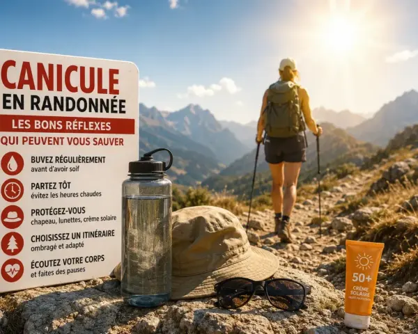 Panneau "Canicule en randonnée" avec conseils. Bouteille d'eau, chapeau, lunettes et crème solaire sur le sentier. Randonneuse s'éloigne sous le soleil.
