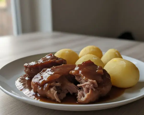 Pyszne policzki wieprzowe w sosie własnym z ziemniaczkami.