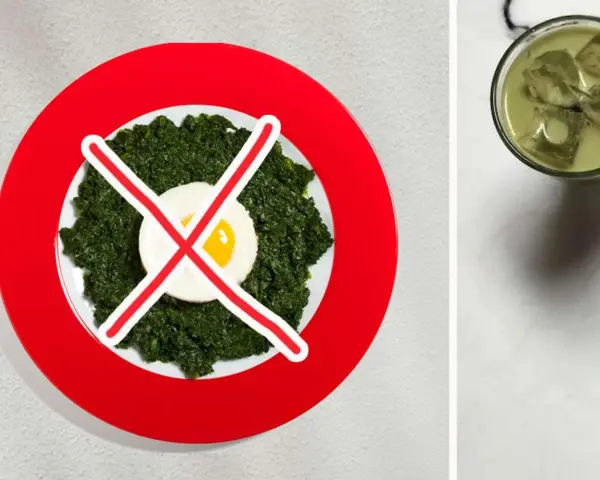 Grüner Spinat mit Spiegelei auf Teller, durchgestrichen. Ein grünes Getränk mit Eiswürfeln daneben. Kein Essen am **Donnerstag vor Ostern**?