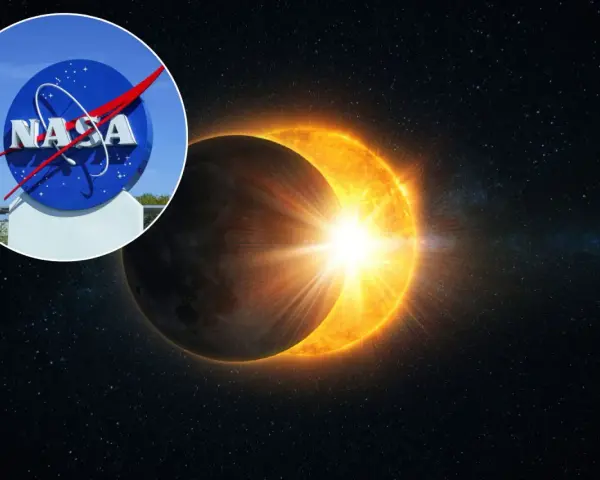 Logo NASA obok spektakularnego zaćmienia Słońca i Księżyca.