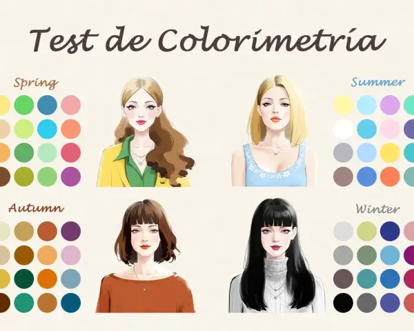 Test de colorimetría: cuatro estilos de mujer con paletas de colores para primavera, verano, otoño e invierno.