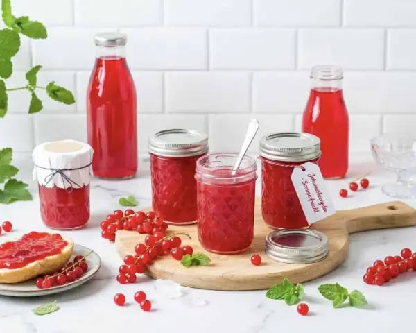 Johannisbeergelee, frisch zubereitet im Thermomix, strahlt in Gläsern und Flaschen. Ein Genuss für Brot und Desserts.