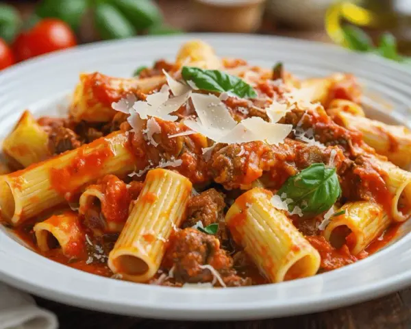 Macarrones con carne picada, cubiertos con salsa de tomate y queso rallado, adornados con hojas de albahaca fresca. ¡Un plato delicioso!