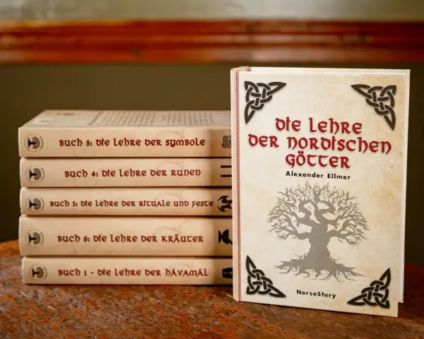 Bücherstapel mit Titeln über nordische Götter, Runen und Symbole. Ein Buch mit dem Titel "Die Lehre der nordischen Götter" steht vorne.
