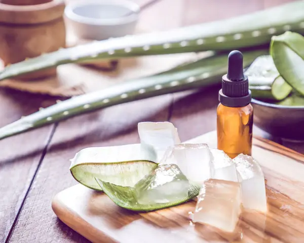 Aloe Vera Gel und Öl auf Holzbrett. Viele fragen sich, ob Aloe Vera gegen Pickel hilft. Hier sind die Zutaten für eine natürliche Hautpflege.