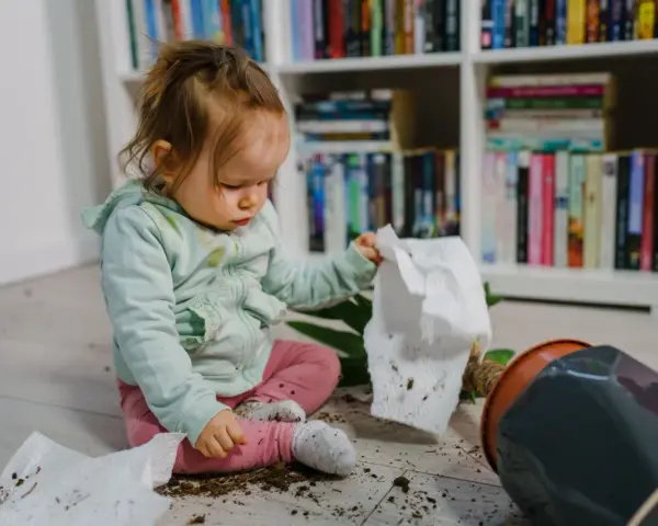 Kleines Kind macht alles kaputt: Erde und ein umgekippter Blumentopf liegen auf dem Boden.