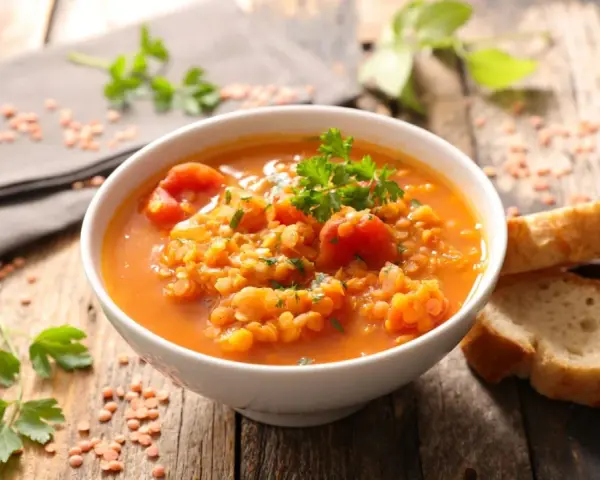 Eine dampfende Schüssel mit herzhafter rote linsensuppe, garniert mit Petersilie, daneben knuspriges Brot auf rustikalem Holztisch.