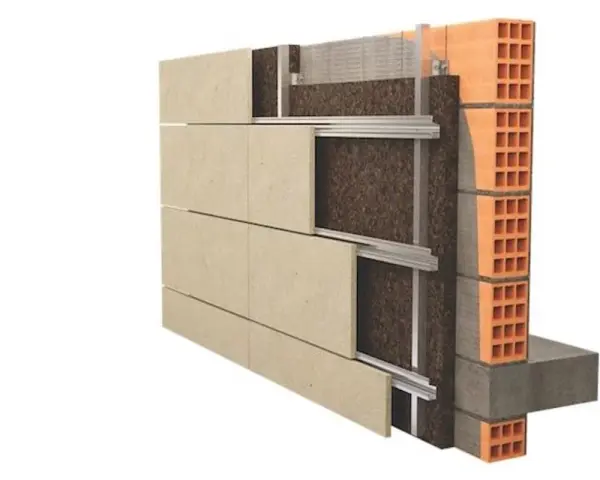 Sezione di una facciata ventilata: pannelli esterni, isolante, struttura metallica e muro portante in laterizio. Valutare pro e contro.
