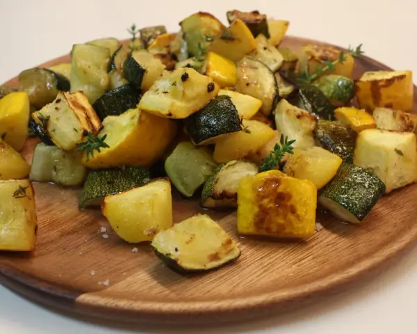Délicieux courgettes au four, coupées en dés et parsemées de thym frais sur un plat en bois.