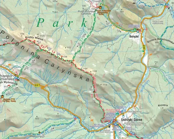 Mapa turystyczna Bieszczadów, szlaki od Krakowa po Ustrzyki Górne, z zaznaczonymi Połoniną Caryńską i Berezkami.