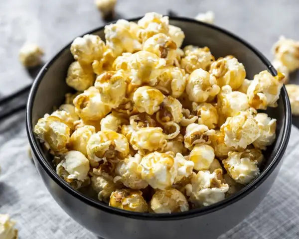 Un bol rempli de pop corn sucré, avec quelques grains éparpillés autour. Un délice croustillant pour une soirée cinéma.