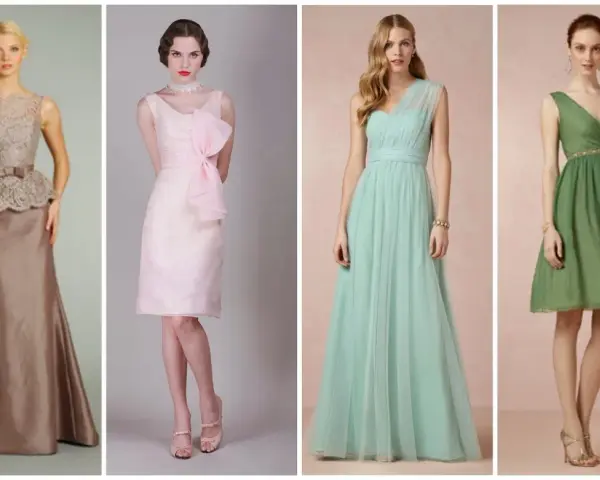 Modelli di abiti eleganti per un matrimonio di giorno: un lungo color tortora, un corto rosa con fiocco, un lungo menta e un corto verde.
