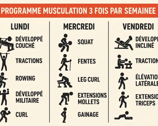 Programme de renforcement musculaire : combien de fois par semaine ? Lundi, mercredi, vendredi : développé couché, tractions, rowing, squat, fentes, leg curl, développé incliné, élévations latérales, extension triceps.