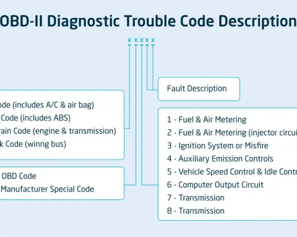 Diagram explaining OBD-II diagnostic trouble code categories (Body, Chassis, Powertrain, Network) and fault descriptions like Fuel & Air Metering.