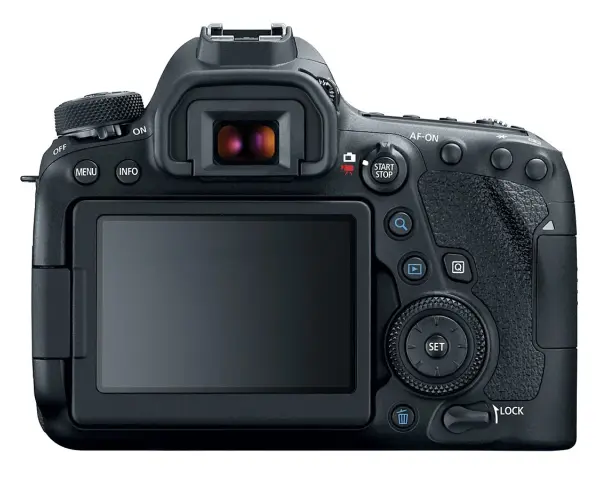 Arrière d'un appareil photo reflex numérique Canon 7D Mark III, avec écran LCD, viseur et boutons de commande.