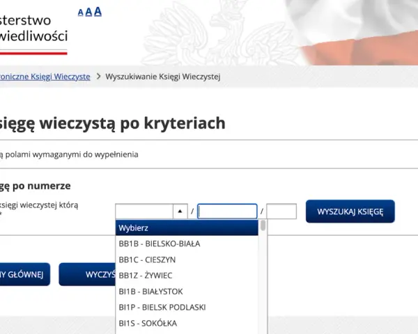 Formularz wyszukiwania księgi wieczystej. Można tu wprowadzić numer księgi, aby znaleźć informacje o nieruchomości.
