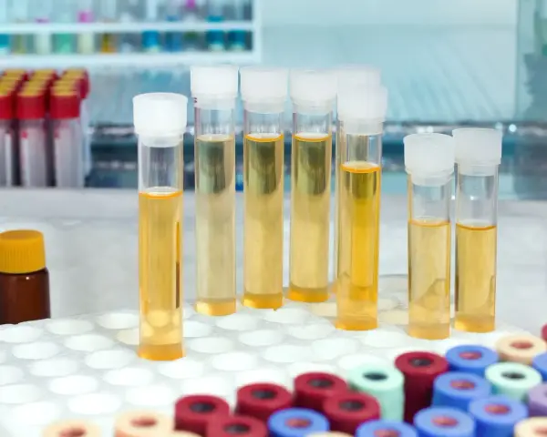 Próbówki z żółtym płynem, być może mętny mocz w ciąży, stoją w statywie laboratoryjnym.