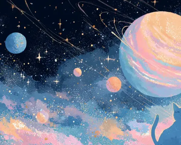 Niebieski kot obserwuje Jowisza w Pannie, otoczonego pierścieniami i innymi planetami w pastelowej mgławicy.