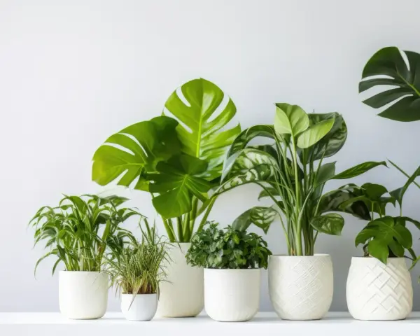 Zielone rośliny w białych doniczkach, idealne jako jakie kwiaty do łazienki. Monstera, paprocie i inne.