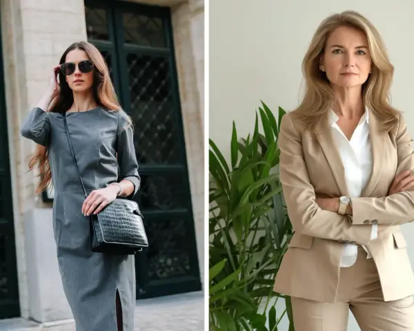 Dos mujeres con estilo business casual. Una lleva un vestido gris y bolso negro, la otra un traje beige y camisa blanca.