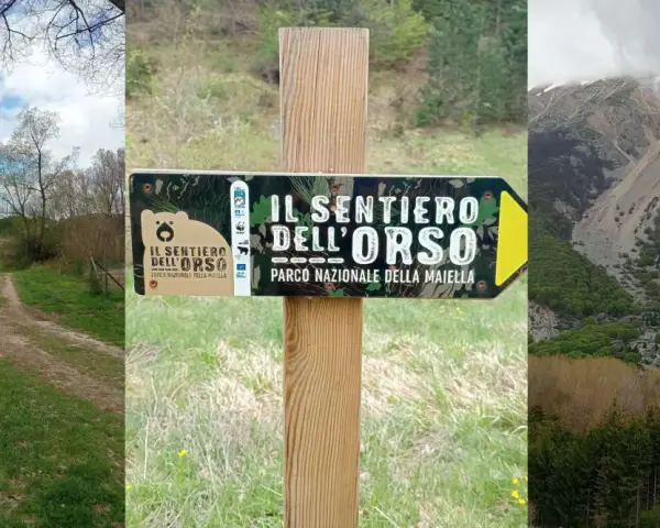 Segnale del sentiero dell'orso nel Parco Nazionale della Maiella, con un sentiero sterrato e montagne sullo sfondo.