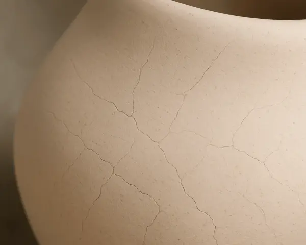 En närbild av en ljusbrun keramikvas med ett nät av fina sprickor som bildats i den mjuka leran.