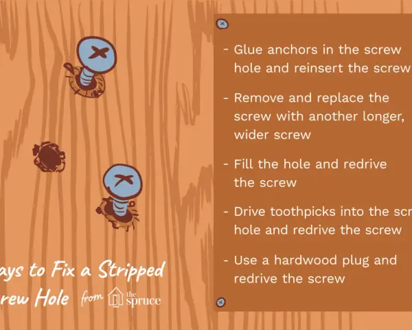 Illustration showing how to get a stripped screw out of wood using various methods like glue anchors, toothpicks, or a hardwood plug.