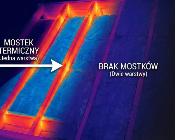 Termowizja poddasza: jedna warstwa wełny tworzy mostek termiczny, dwie warstwy go eliminują.
