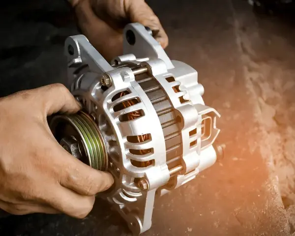 Hände halten eine Lichtmaschine. Sie ist ein wichtiges Bauteil, das Strom erzeugt, damit das Auto fährt.