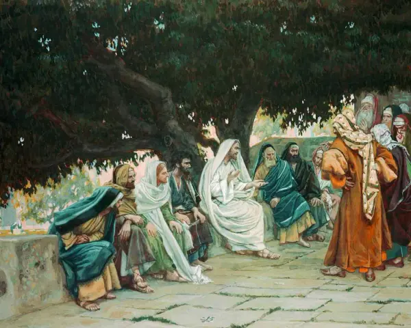 Jesus debates with the Sadducees in the Bible, who questioned his teachings under a large tree.