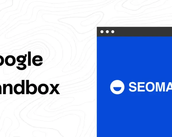 Text "Google Sandbox" neben einem blauen Fenster mit dem SEOMATOR-Logo.